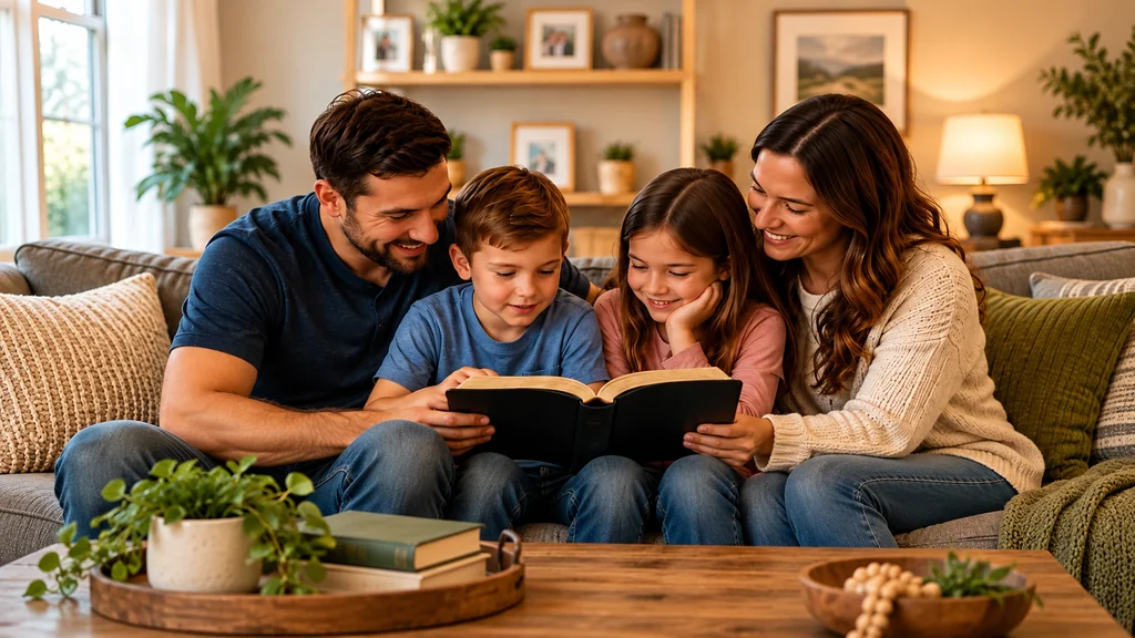 Family sitting together on a sofa reading the Bible at home.