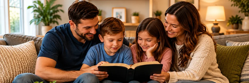 A family sitting together at home reading the Bible.