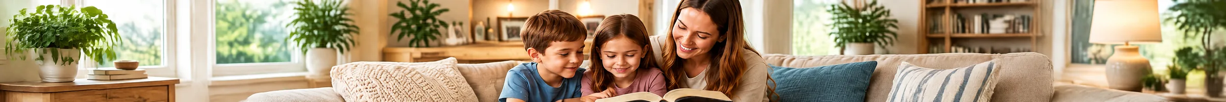 Mother and two children reading the Bible together on a couch at home.