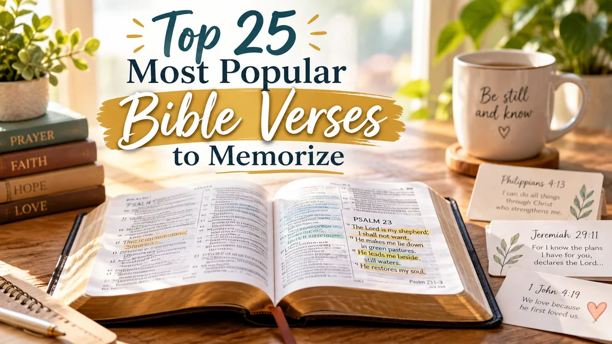 Open Bible with highlighted verses, Scripture memory cards, and the title Top 25 Most Popular Bible Verses to Memorize